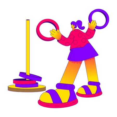 Woman collecting rings into pole  Illustration