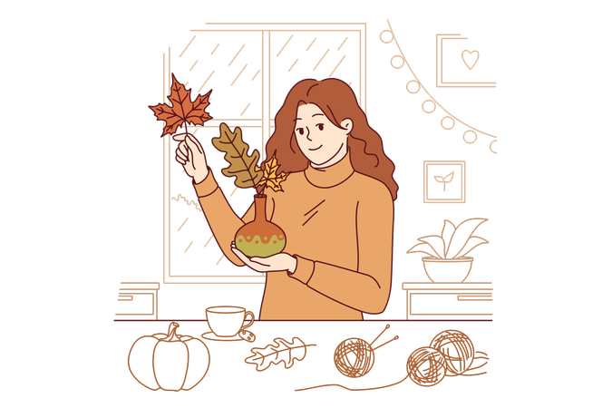 Woman collects bouquet of autumn leaves and places them in vase to decorate home on thanksgiving eve  Illustration