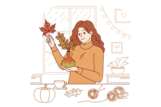 Woman collects bouquet of autumn leaves and places them in vase to decorate home on thanksgiving eve  Illustration