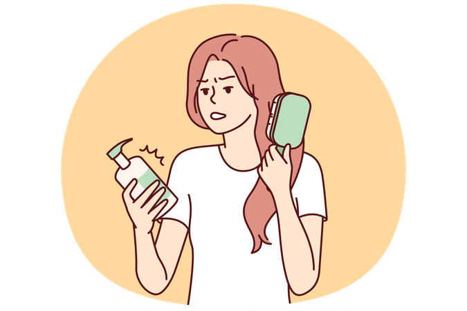 Woman combing hair out of frustration reads composition of cosmetic product  Illustration