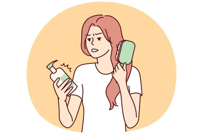 Woman combing hair out of frustration reads composition of cosmetic product  Illustration