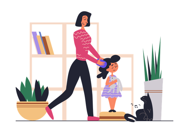 Woman combing her daughter hair and doing daily care procedures and making kid hairstyle  Illustration