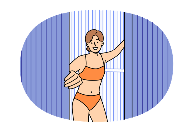 Woman comes out of vertical solarium and urging people to stop sunbathing  Illustration