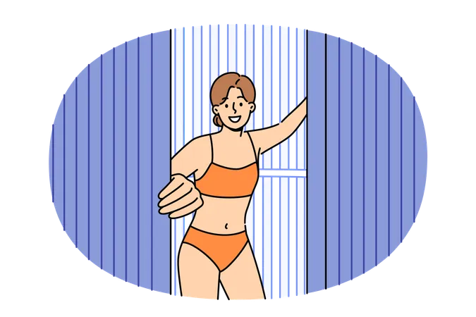 Woman comes out of vertical solarium and urging people to stop sunbathing  Illustration