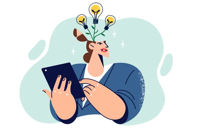 Woman Comes Up With New Ideas For Developing Own Business Standing With Light Bulbs Growing On Tree From Head Girl Holds Tablet Computer Looking For Ideas For Acquiring Business Skills Illustration