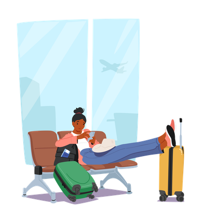 Woman Comfortably Sitting With Smartphone and Her Feet Up In An Airport Waiting Area  Illustration