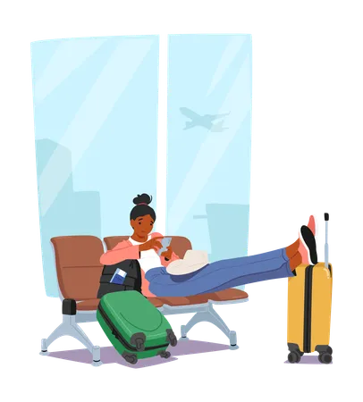 Woman Comfortably Sitting With Smartphone and Her Feet Up In An Airport Waiting Area  Illustration