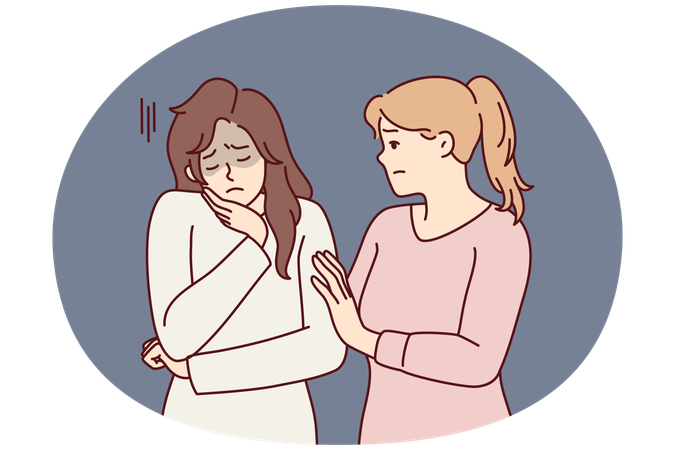 Woman comforting girl friend is sad and stressed after bullying or toxic relationship  Illustration