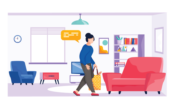 Woman coming to home after grocery shopping  Illustration