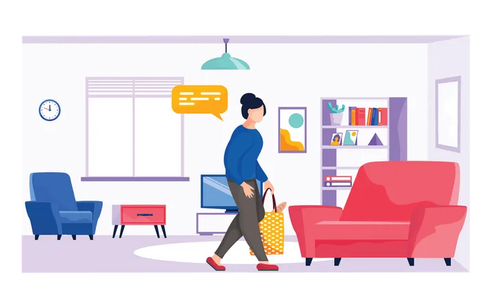 Woman coming to home after grocery shopping  Illustration