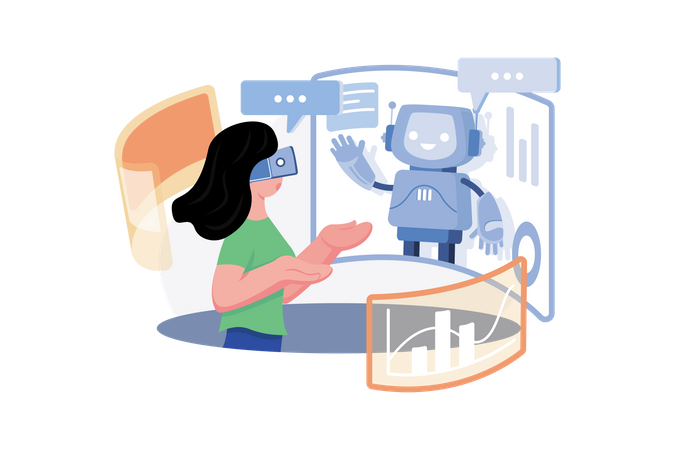 Woman communicating with a virtual chatbot  Illustration