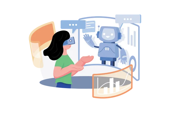 Woman communicating with a virtual chatbot  イラスト