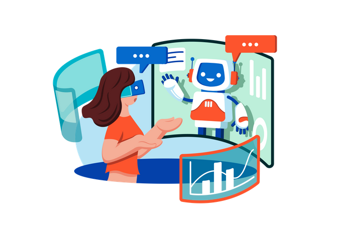 Woman communicating with a virtual chatbot  Illustration