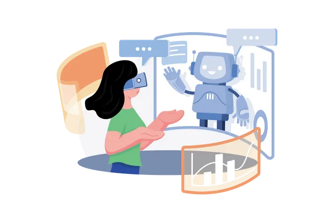 Woman communicating with a virtual chatbot  Illustration