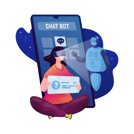 Woman communicating with virtual chat bot Illustration