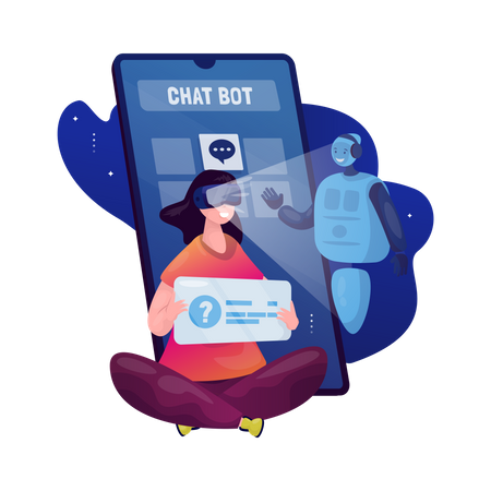 Woman communicating with virtual chat bot  Illustration