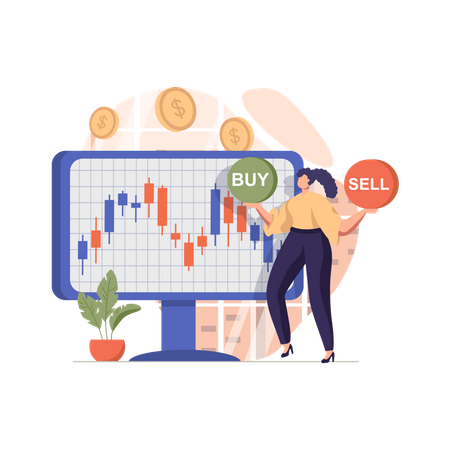 Woman comparing buy and sell in stock market  Illustration
