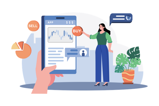Woman comparing buy and sell in stock market  Illustration