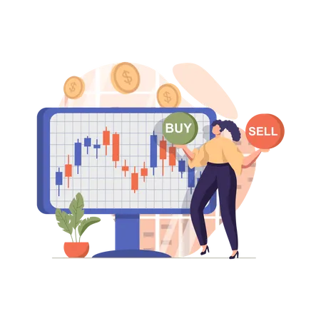 Woman comparing buy and sell in stock market  Illustration