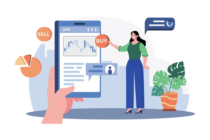 Woman comparing buy and sell in stock market  Illustration