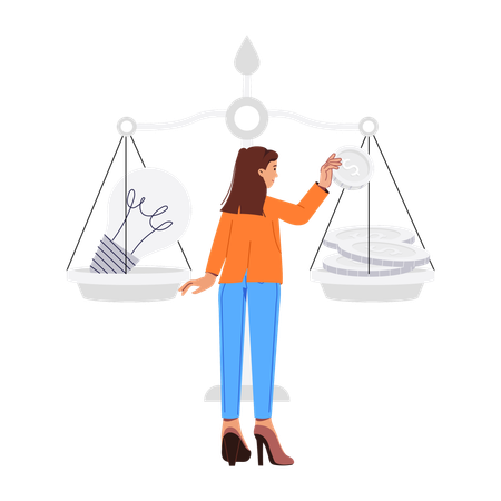 Woman comparing value on balance scale  Illustration