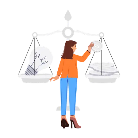 Woman comparing value on balance scale  Illustration