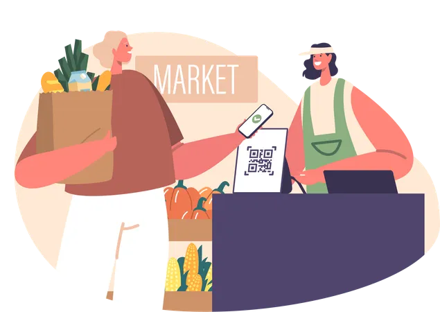 Woman Effortlessly Completes Her Grocery Shopping By Scanning A Qr Code At The Checkout Female Character Use Modern Convenient And Contactless Payment Transaction Cartoon People Vector Illustration Illustration