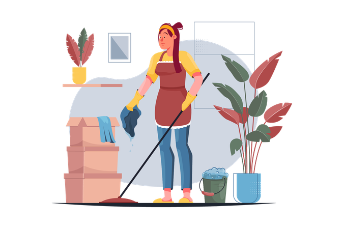Woman completes her household duties and cleans her house  イラスト
