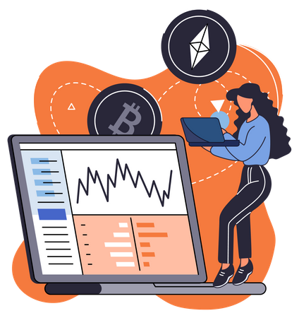 Woman conducts analysis of cryptocurrency market Illustration