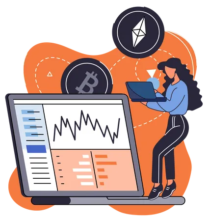 Woman Conducts Analysis Of Cryptocurrency Market Investment Analytics Software On Laptop Working With Trading Platform For Digital Currency Technology For Cryptocurrency Mining And Exchange Illustration