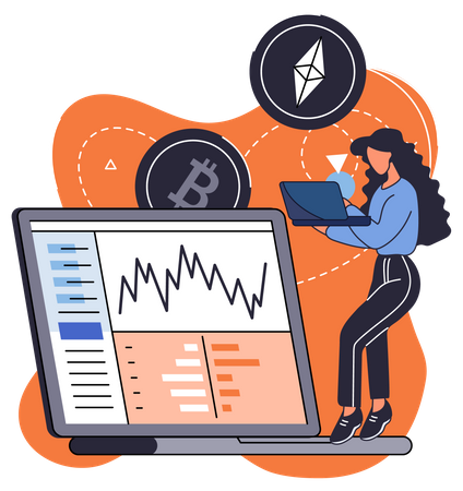 Woman conducts analysis of cryptocurrency market  Illustration