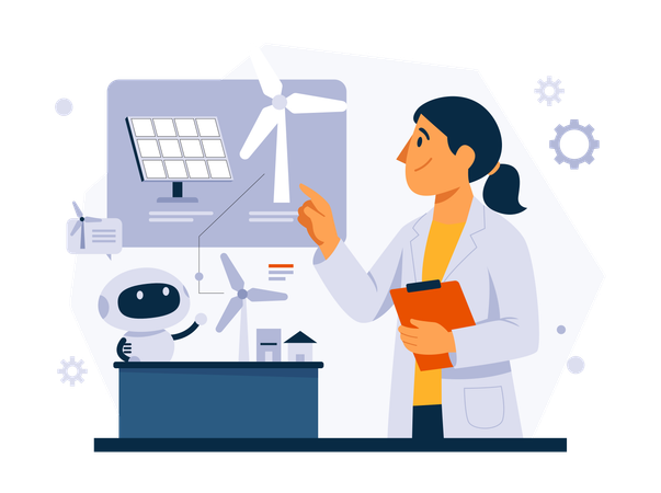 Woman Conducts Robot-assisted Renewable Energy Research  Illustration