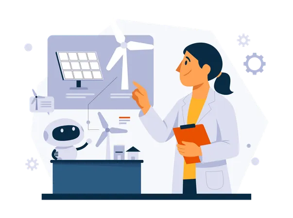 Woman Conducts Robot-assisted Renewable Energy Research  Illustration