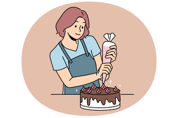 Woman confectioner prepares delicious cake for birthday party and decorates chocolate dessert  Illustration