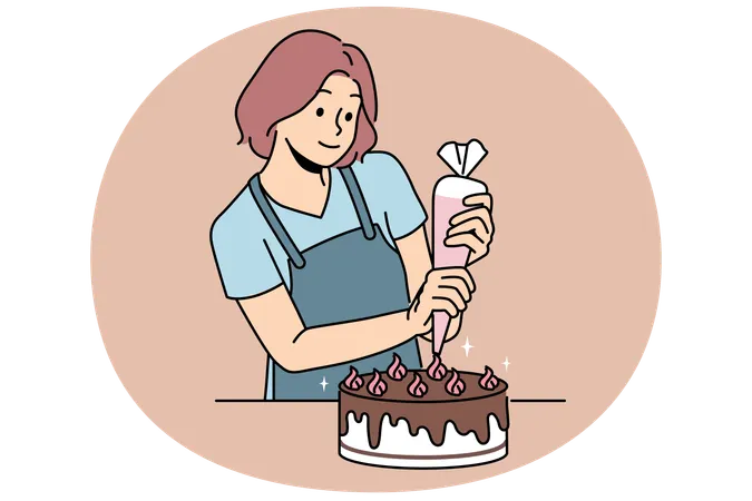 Woman confectioner prepares delicious cake for birthday party and decorates chocolate dessert  Illustration