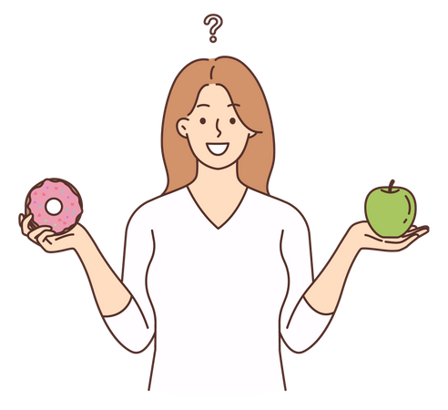 Woman confused about dessert with apple Illustration