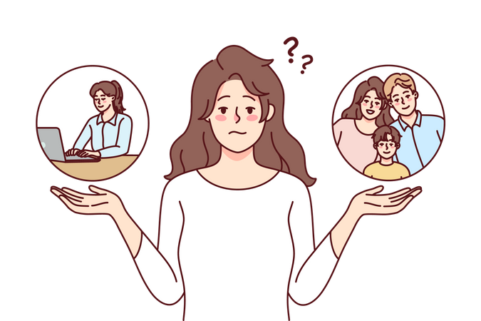Woman confused between family or work  Illustration