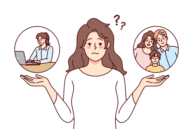 Woman confused between family or work  Illustration