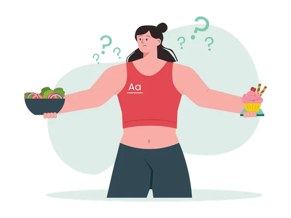 Woman confused between healthy and junk food Illustration