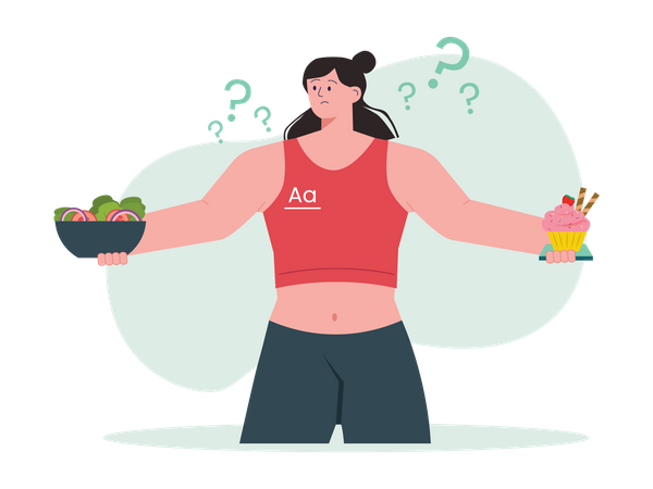 Woman confused between healthy and junk food  Illustration