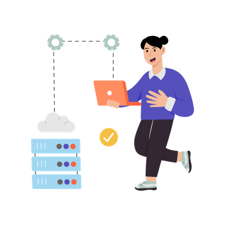 Woman connecting laptop to cloud  Illustration