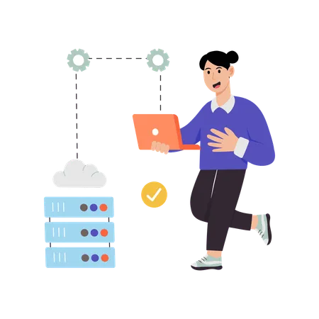 Woman connecting laptop to cloud  Illustration