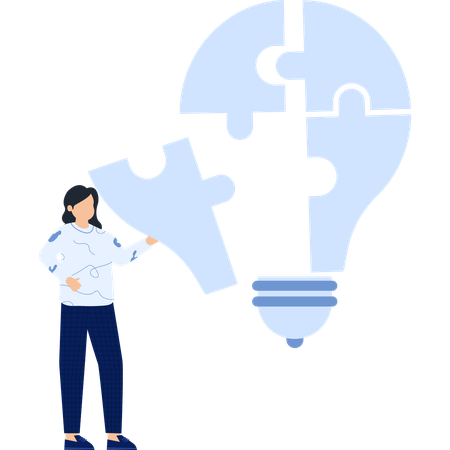 Woman Connecting Puzzle Piece to Lightbulb  Idea and Solution  Illustration