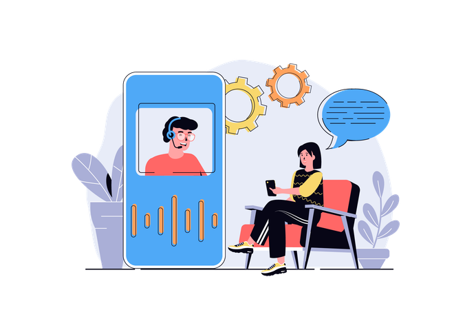 Woman connecting with operator of customer support service and making video calling  Illustration