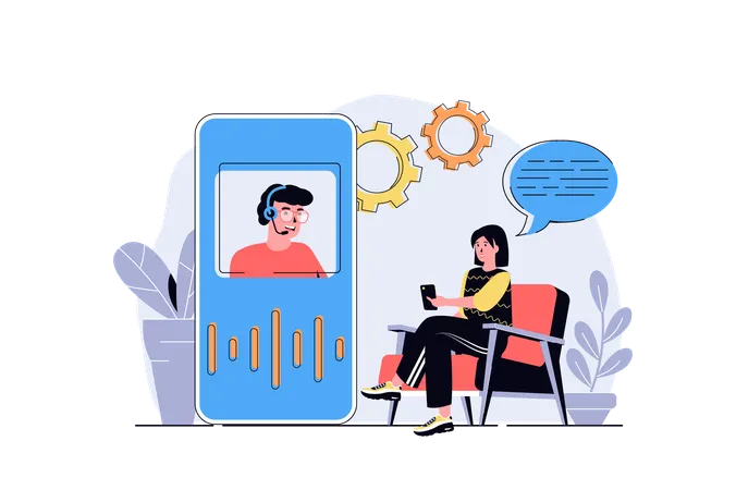 Woman connecting with operator of customer support service and making video calling  Illustration