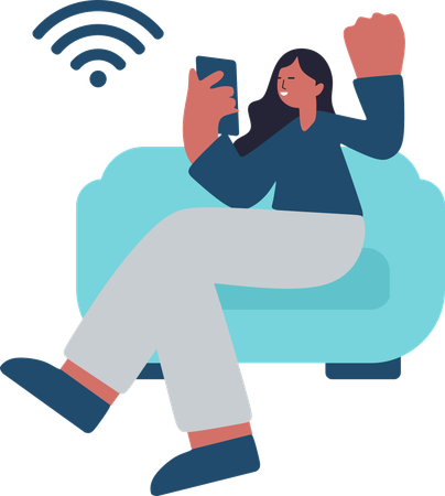 Woman connects her mobile with wifi network  Illustration