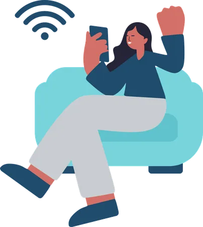 Woman connects her mobile with wifi network  Illustration