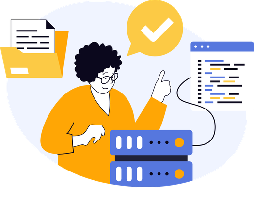 Woman connects server data with application code  Illustration
