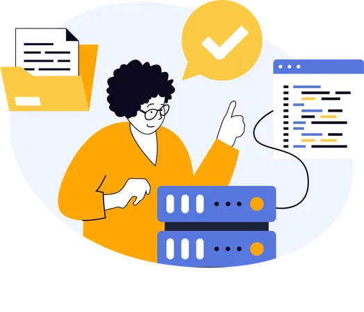 Woman connects server data with application code  Illustration