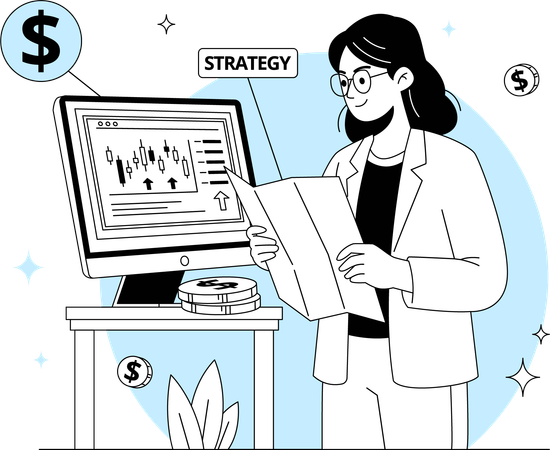 Woman considering  stock exchange strategy  Illustration